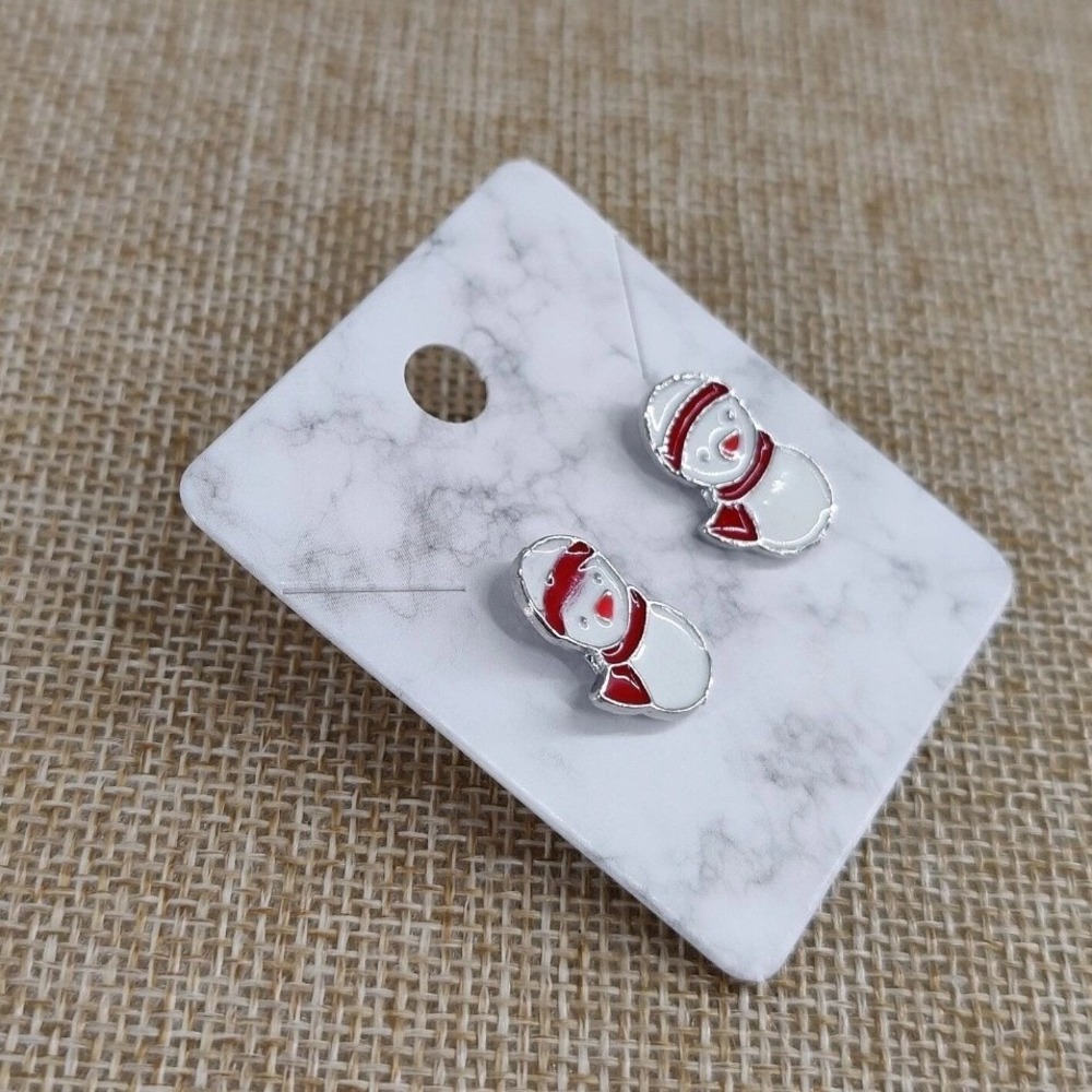 Snowman Stud Earrings Silver Tone Red and White Enamel Holiday Jewelry Christmas